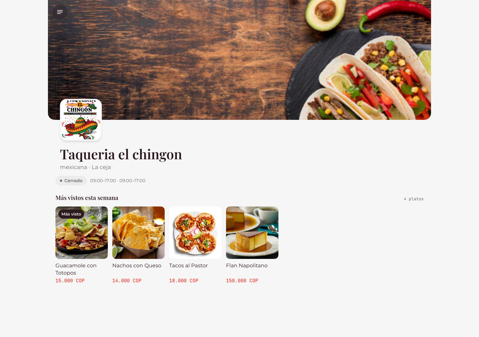 Menú digital de Taquería el Chingón en Muzan